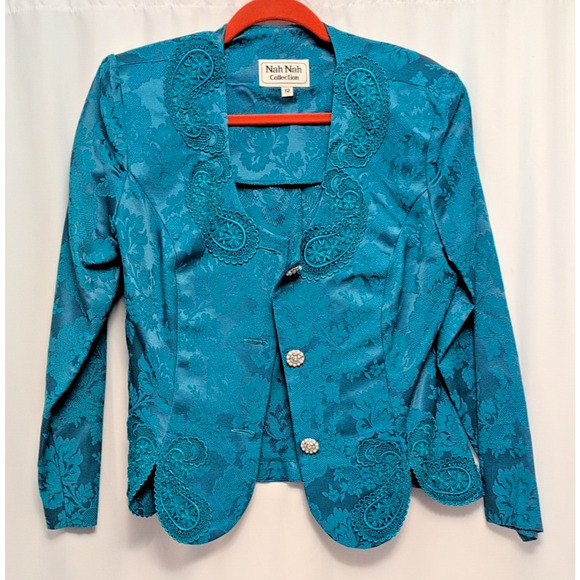 nah nah collection 12 jacket teal paisley rhinestone buttons shoulder pads - Picture 1 of 9